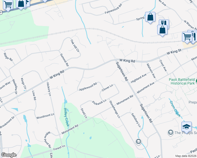 map of restaurants, bars, coffee shops, grocery stores, and more near 12 Applewood Road in Malvern