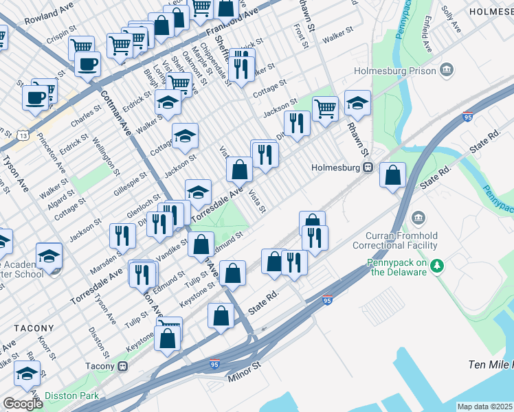 map of restaurants, bars, coffee shops, grocery stores, and more near 4752 Vista Street in Philadelphia