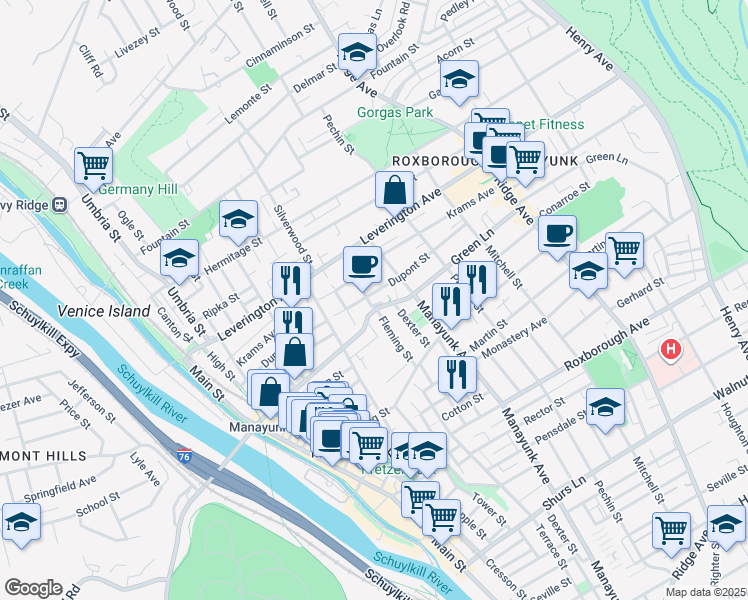 map of restaurants, bars, coffee shops, grocery stores, and more near 281 Green Lane in Philadelphia