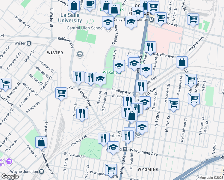 map of restaurants, bars, coffee shops, grocery stores, and more near N 16th St & Lindley Ave in Philadelphia