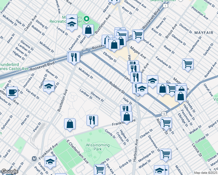 map of restaurants, bars, coffee shops, grocery stores, and more near 6236 Revere Street in Philadelphia