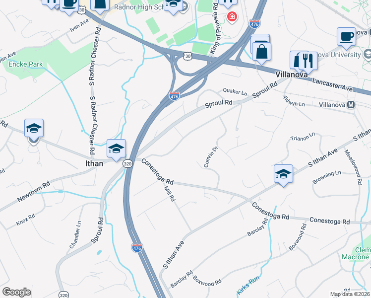 map of restaurants, bars, coffee shops, grocery stores, and more near 206 Hardwicke Lane in Villanova
