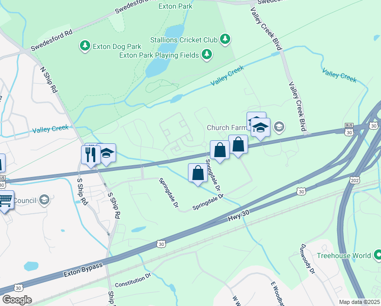 map of restaurants, bars, coffee shops, grocery stores, and more near 833 Lincoln Highway in Exton