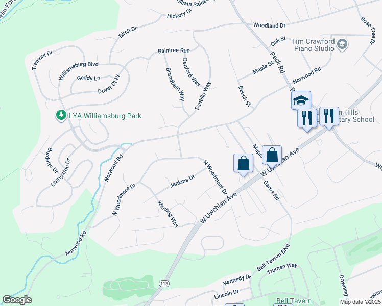map of restaurants, bars, coffee shops, grocery stores, and more near 319 North Woodmont Drive in Downingtown