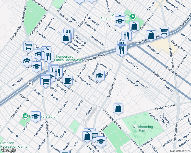 map of restaurants, bars, coffee shops, grocery stores, and more near 1634 Comly Street in Philadelphia