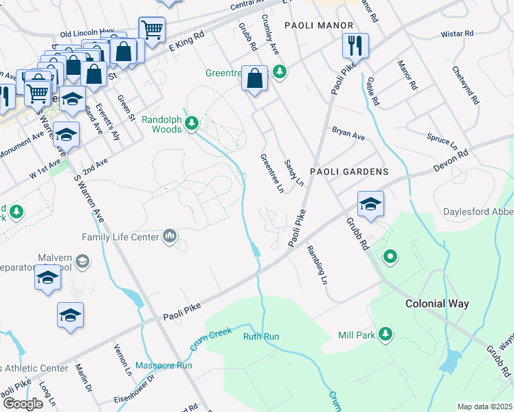 map of restaurants, bars, coffee shops, grocery stores, and more near 140 Putney Lane in Paoli