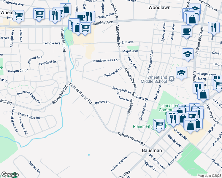 map of restaurants, bars, coffee shops, grocery stores, and more near 1504 Springside Drive in Lancaster
