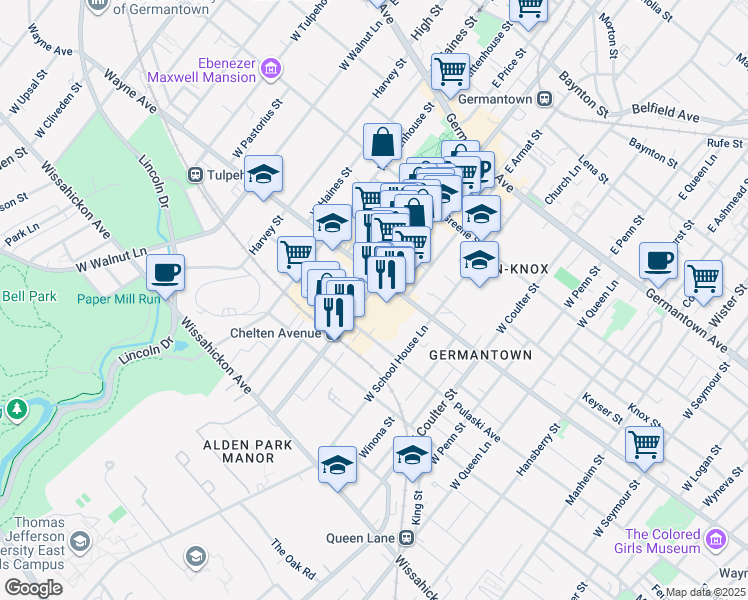 map of restaurants, bars, coffee shops, grocery stores, and more near 212 West Chelten Avenue in Philadelphia