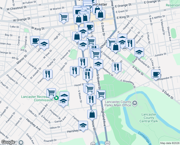 map of restaurants, bars, coffee shops, grocery stores, and more near 439 Beaver Street in Lancaster