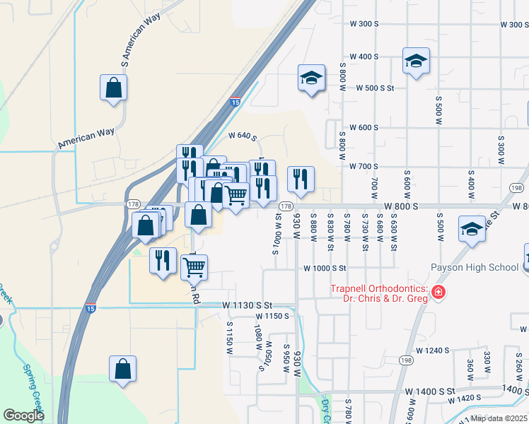 map of restaurants, bars, coffee shops, grocery stores, and more near 1025 West 800 South in Payson