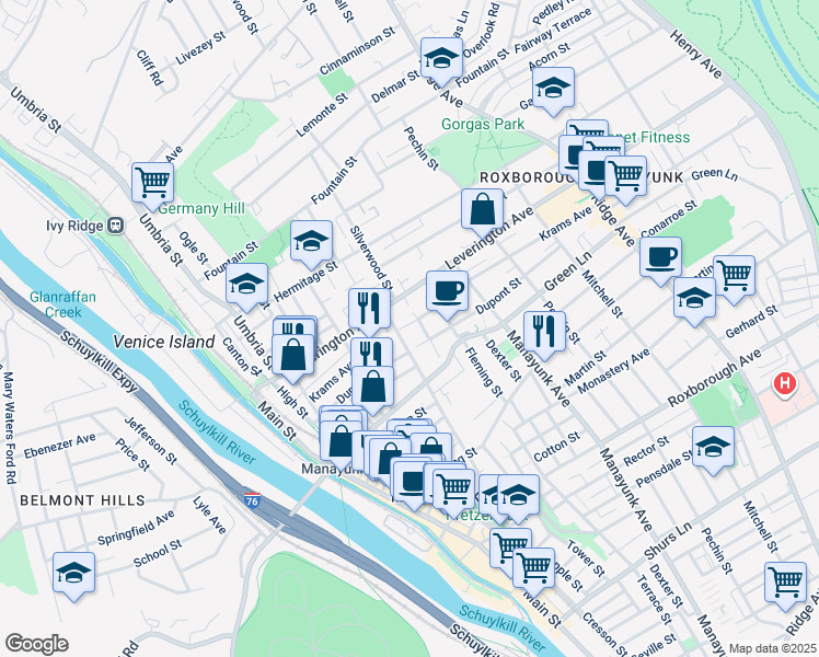 map of restaurants, bars, coffee shops, grocery stores, and more near 233 Krams Avenue in Philadelphia