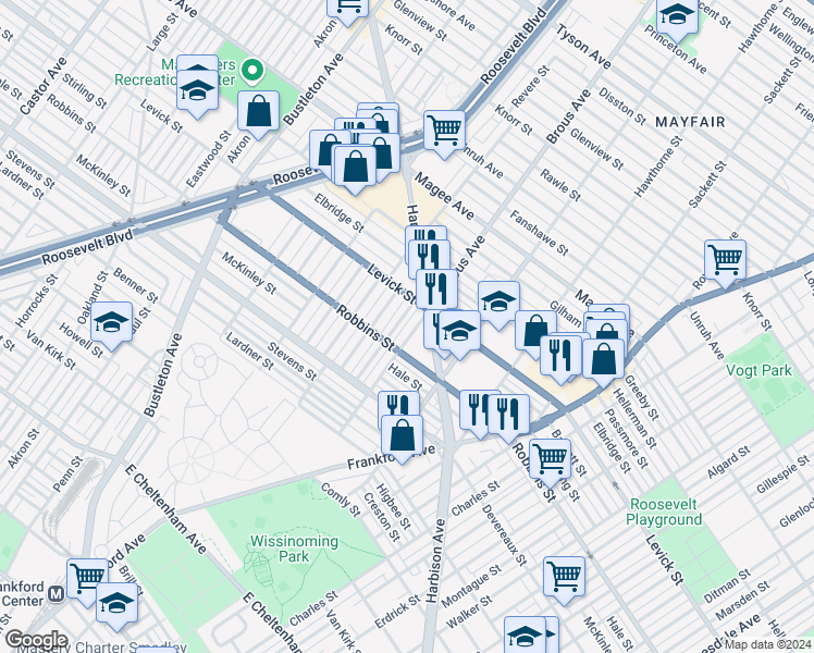 map of restaurants, bars, coffee shops, grocery stores, and more near 6332 Brous Avenue in Philadelphia