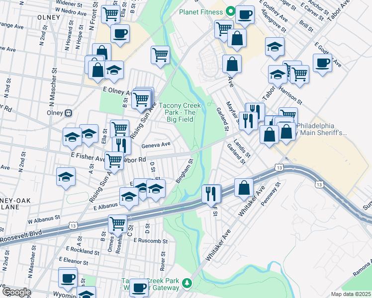 map of restaurants, bars, coffee shops, grocery stores, and more near 736 East Olney Avenue in Philadelphia
