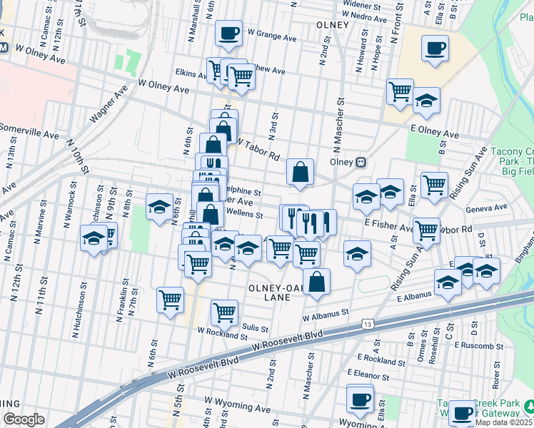 map of restaurants, bars, coffee shops, grocery stores, and more near 275 West Wellens Avenue in Philadelphia