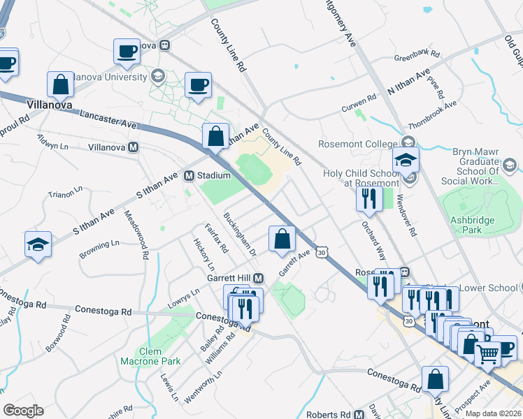 map of restaurants, bars, coffee shops, grocery stores, and more near 5 Hawthorne Lane in Bryn Mawr
