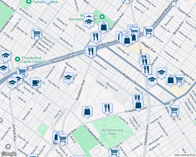 map of restaurants, bars, coffee shops, grocery stores, and more near 2127 Lardner Street in Philadelphia
