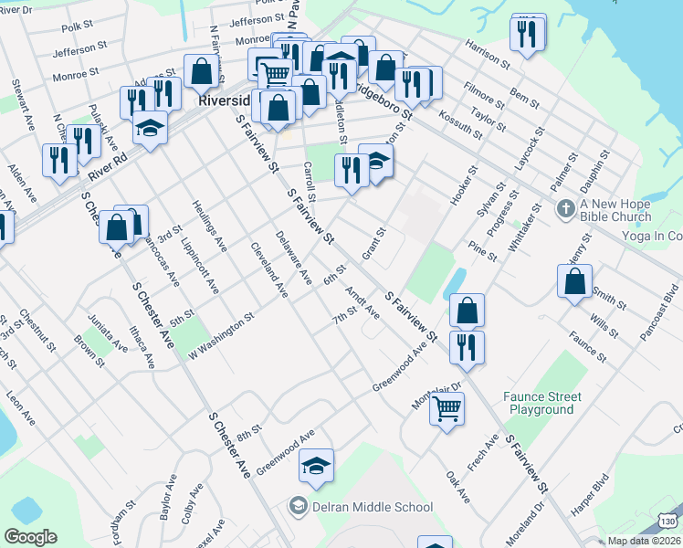 map of restaurants, bars, coffee shops, grocery stores, and more near 619 Arndt Avenue in Riverside
