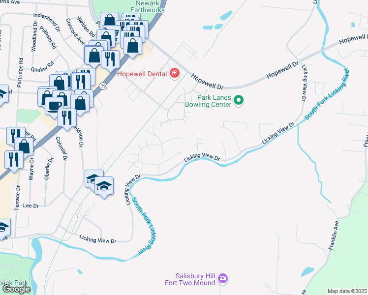 map of restaurants, bars, coffee shops, grocery stores, and more near 136 Hillview Court in Heath