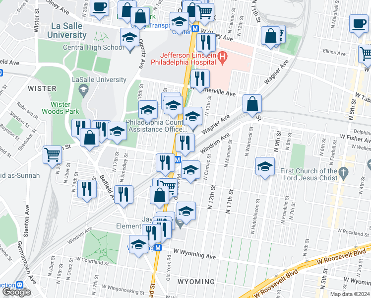 map of restaurants, bars, coffee shops, grocery stores, and more near 1342 Wagner Avenue in Philadelphia