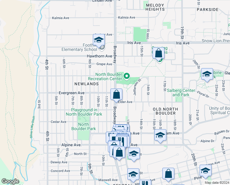 map of restaurants, bars, coffee shops, grocery stores, and more near in Boulder