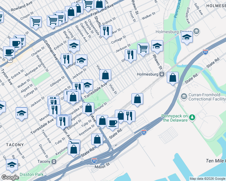 map of restaurants, bars, coffee shops, grocery stores, and more near 4757 Bleigh Avenue in Philadelphia