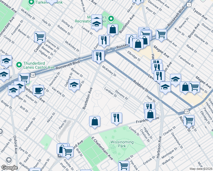 map of restaurants, bars, coffee shops, grocery stores, and more near 2127 Lardner Street in Philadelphia