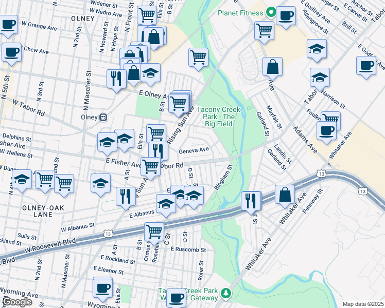 map of restaurants, bars, coffee shops, grocery stores, and more near 542 Geneva Avenue in Philadelphia