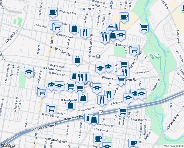map of restaurants, bars, coffee shops, grocery stores, and more near 108 West Fisher Avenue in Philadelphia