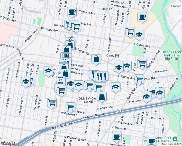 map of restaurants, bars, coffee shops, grocery stores, and more near 224 West Fisher Avenue in Philadelphia