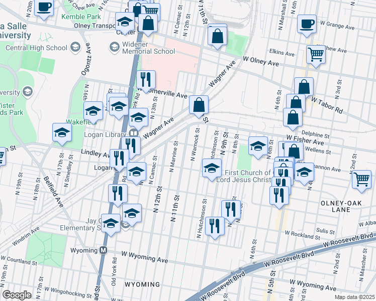 map of restaurants, bars, coffee shops, grocery stores, and more near 5115 North 11th Street in Philadelphia