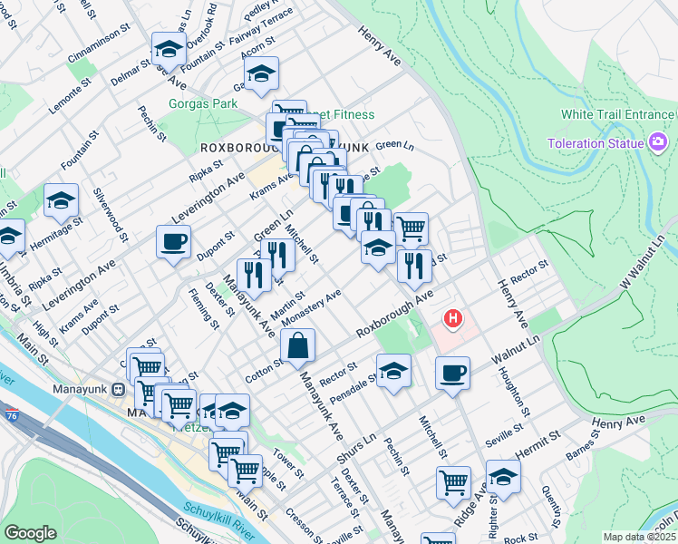 map of restaurants, bars, coffee shops, grocery stores, and more near 4359 Mitchell Street in Philadelphia