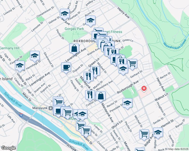 map of restaurants, bars, coffee shops, grocery stores, and more near 4362B Pechin Street in Philadelphia