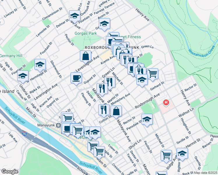 map of restaurants, bars, coffee shops, grocery stores, and more near 400 Lyceum Avenue in Philadelphia