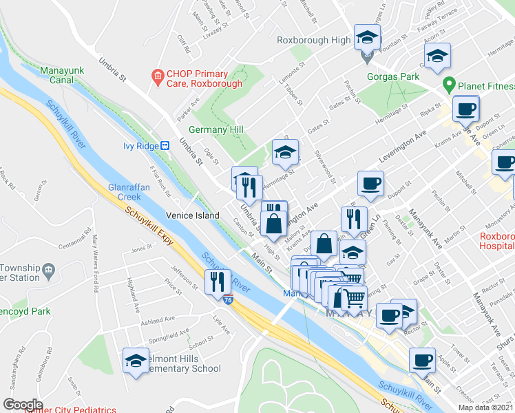 map of restaurants, bars, coffee shops, grocery stores, and more near 105 Ripka Street in Philadelphia