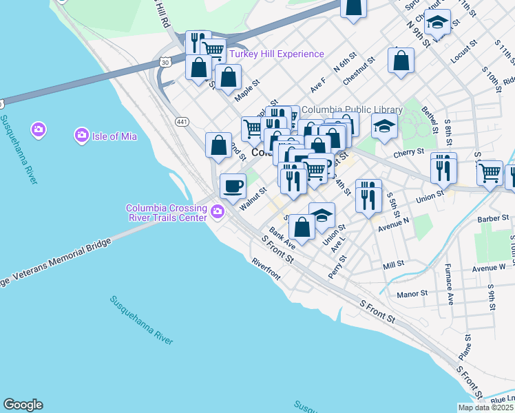 map of restaurants, bars, coffee shops, grocery stores, and more near 53 North Front Street in Columbia