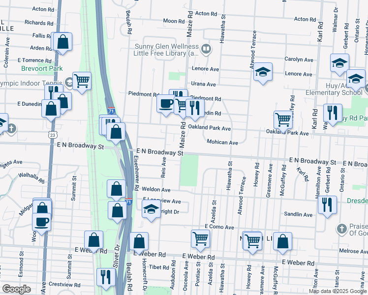 map of restaurants, bars, coffee shops, grocery stores, and more near 3220 Maize Road in Columbus