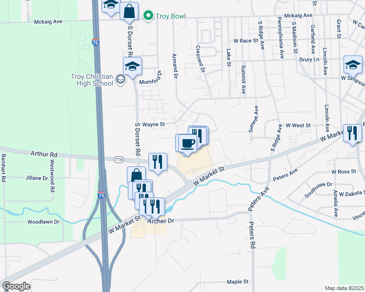map of restaurants, bars, coffee shops, grocery stores, and more near 765 West Market Street in Troy