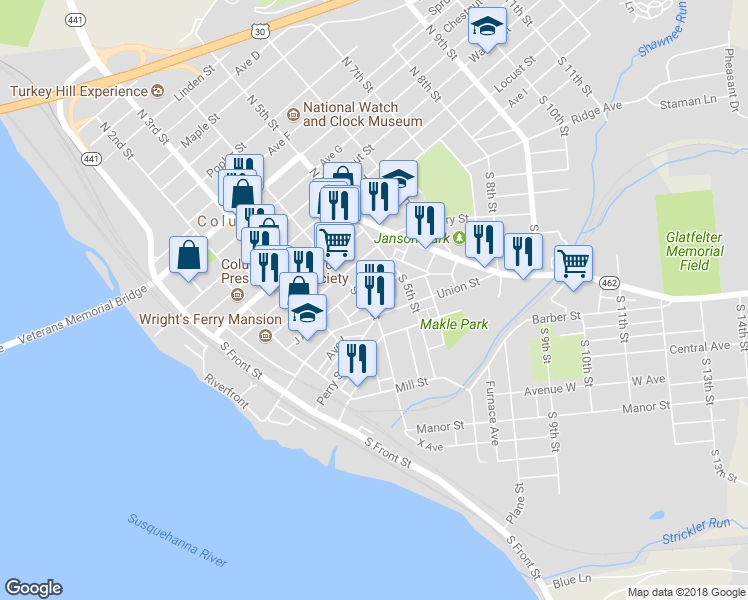 map of restaurants, bars, coffee shops, grocery stores, and more near 157 South 4th Street in Columbia