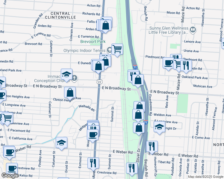 map of restaurants, bars, coffee shops, grocery stores, and more near 1090 North Broadway Lane in Columbus
