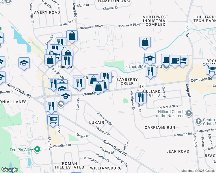 map of restaurants, bars, coffee shops, grocery stores, and more near 5092 County Road 30 in Hilliard