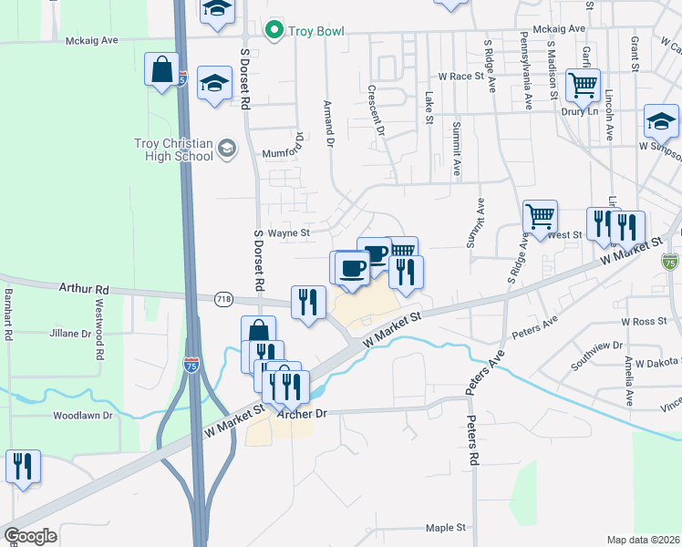 map of restaurants, bars, coffee shops, grocery stores, and more near 765 West Market Street in Troy