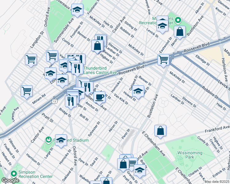 map of restaurants, bars, coffee shops, grocery stores, and more near 5905 Horrocks Street in Philadelphia