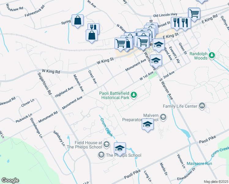 map of restaurants, bars, coffee shops, grocery stores, and more near 323 West 1st Avenue in Malvern