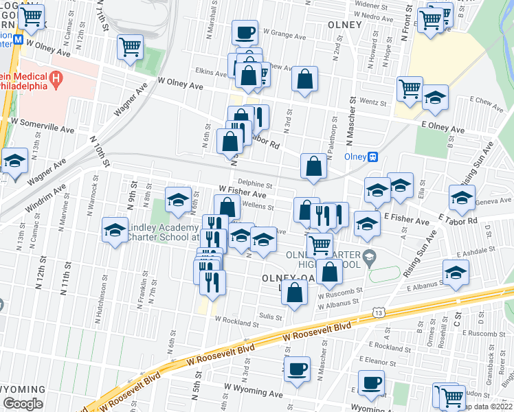 map of restaurants, bars, coffee shops, grocery stores, and more near West Wellens Avenue in Philadelphia