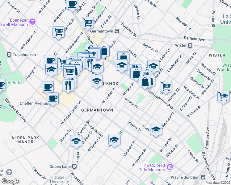 map of restaurants, bars, coffee shops, grocery stores, and more near 5340 Greene Street in Philadelphia