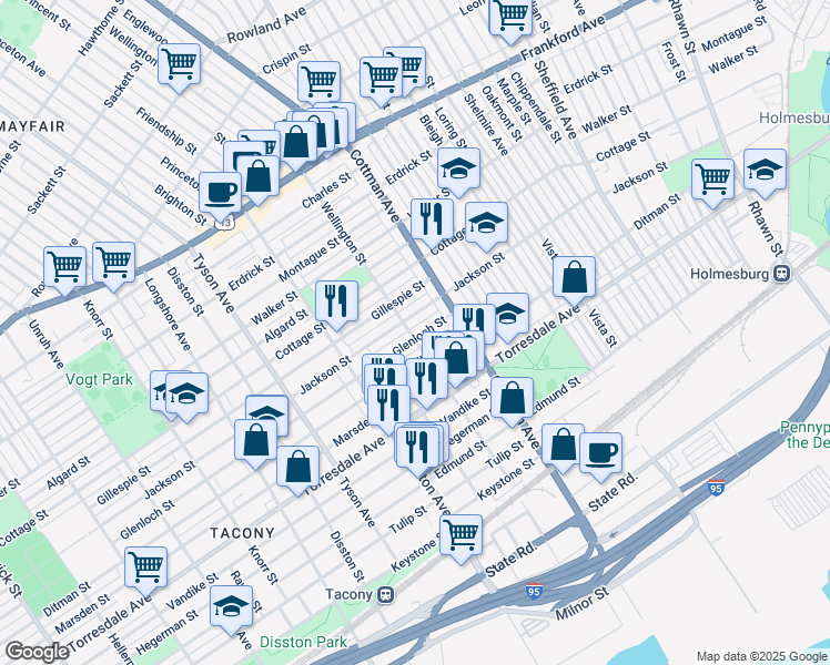 map of restaurants, bars, coffee shops, grocery stores, and more near 7202 Glenloch Street in Philadelphia