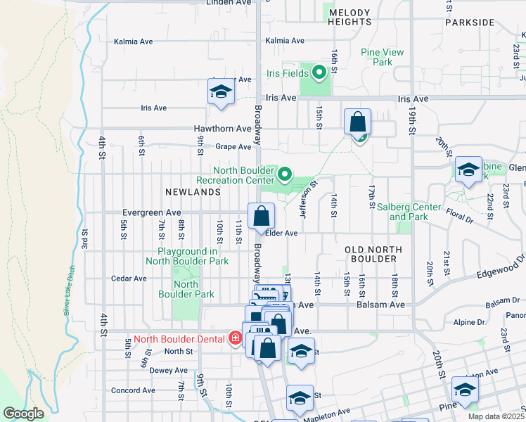 map of restaurants, bars, coffee shops, grocery stores, and more near 3100 Broadway in Boulder