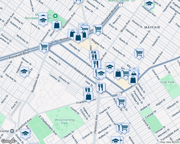 map of restaurants, bars, coffee shops, grocery stores, and more near 6336 Brous Avenue in Philadelphia