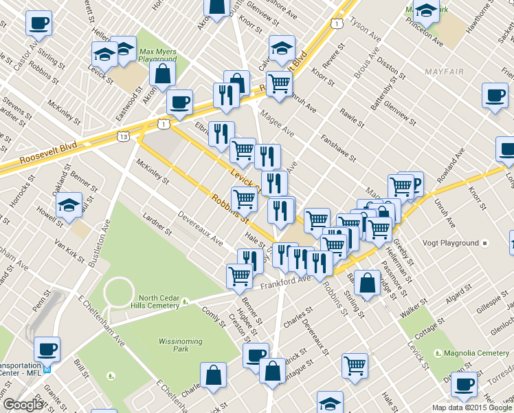 map of restaurants, bars, coffee shops, grocery stores, and more near 6336 Brous Avenue in Philadelphia
