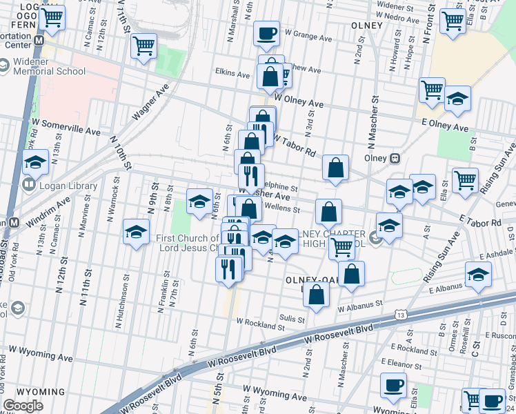 map of restaurants, bars, coffee shops, grocery stores, and more near 446 West Wellens Street in Philadelphia